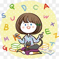 卡通手绘小女孩学习英文