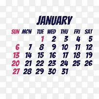黑红色2019年1月日历