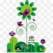 绿色春天时尚可爱小鸟花朵