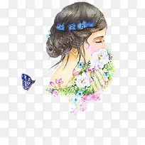 手绘美丽花朵蝴蝶新娘