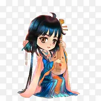 卡通可爱弹琵琶美女古风手绘