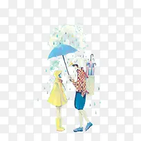 卡通手绘男孩女孩爱情雨伞下雨