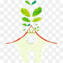 手绘绿色树叶房屋