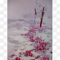 落花雪地双剑古风手绘