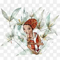 水彩植物女人