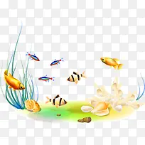 黄色清新鱼群装饰图案