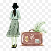 水彩女孩背影行李旅行插图矢量图
