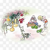 夏日卡通小男孩植物