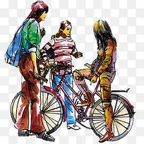 彩色手绘自行车人物