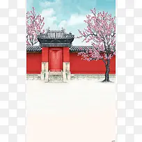 中国风红院桃花风景