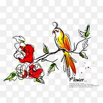 手绘花枝上的鹦鹉