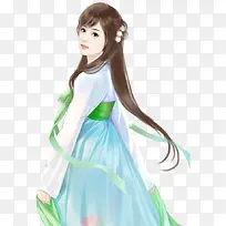 蓝色抹胸少女古风手绘