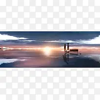 动漫卡通夕阳海滩背景banner