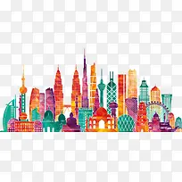 彩色城市建筑剪影