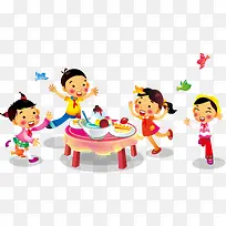 卡通吃饭的男孩女孩