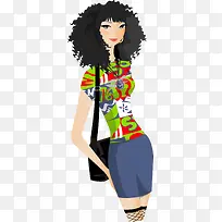 卷发美女时尚街头美女矢量