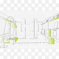 绿色客厅素描手绘人物