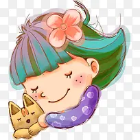 手绘绿色长发可爱女孩