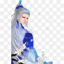 蓝衣白发男子古风立绘