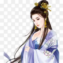 手绘古风蓝衣金头饰女子