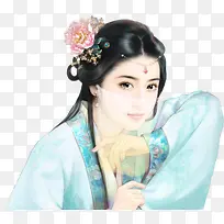头戴花朵蓝裙面纱女子
