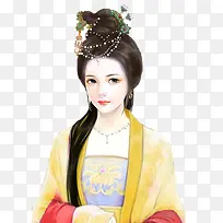 黄衣黑发女子古风立绘