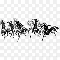 黑色毛笔绘画奔腾马儿