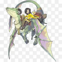 卡通骑在龙背上的少女