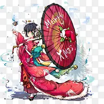 手绘红袍折伞女孩