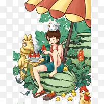 大暑夏天手绘人物西瓜遮阳伞