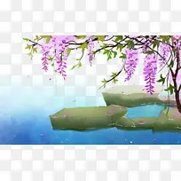 春天手绘花朵水面石头