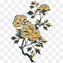 中式金色描边蓝色花叶子