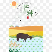 芒种二十四节气牛稻田太阳