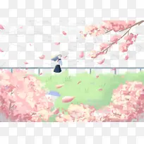 樱花小女孩栏杆野地.