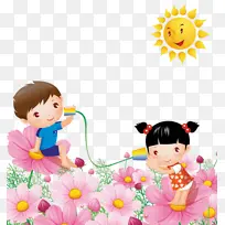 孩子与粉花