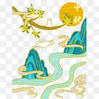 中秋节树枝祥云月亮兔子