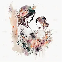 水彩画-水彩抽象妈妈女儿花卉装饰