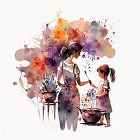 水彩画-水彩抽象母亲女儿做饭