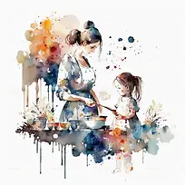 水彩画-水彩抽象母亲女儿做饭