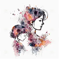 水彩画-水彩抽象妈妈女儿花卉装饰