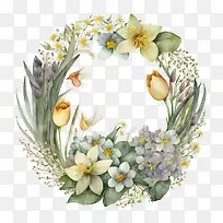 水彩圆圈花圈-水彩圆圈花圈复活节花圈复活节彩蛋水仙花番红花
