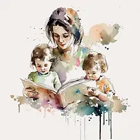 水彩画-水彩抽象妈妈看书