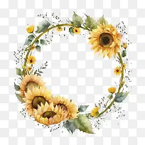 水彩向日葵花环-水彩向日葵花环向日葵花环金色圆形