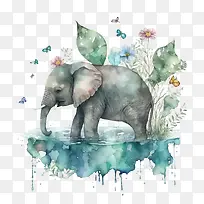 泼水节-泼水节水彩画大象大象喷水