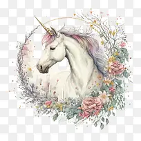 水彩独角兽-水彩花