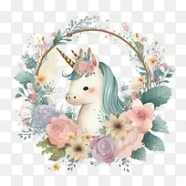 水彩独角兽-水彩花