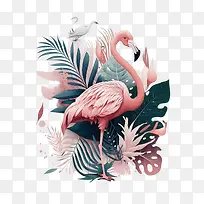 超现实的火烈鸟-热带树叶