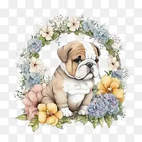 可爱的斗牛犬-可爱的斗牛犬卡通斗牛犬小斗牛犬带花环的斗牛犬