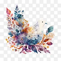 水彩鸽子-水彩鸽子和平鸽鸽子在花丛中