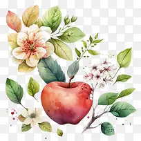 手绘苹果-手绘苹果水彩苹果苹果花叶子